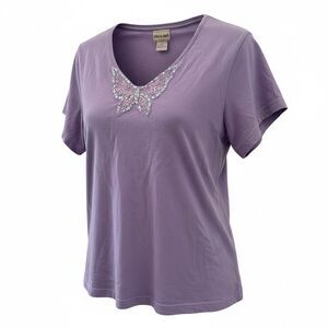 Plus size Y2K purple butterfly sequin lace knit cotton V-neck t shirt XXL
